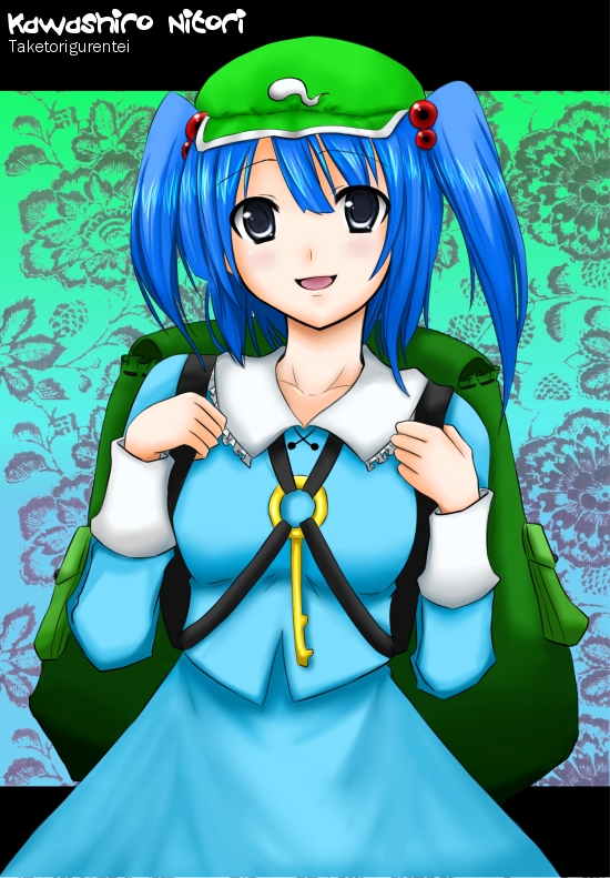 kaguyahime, kawashiro nitori, touhou, 1girl, :d, back, blue dress, blue eyes, blue hair, character name, collar, collarbone, dress, female focus, flat cap, hair bobbles, hair ornament, hat, key, long sleeves, looking at viewer, matching hair/eyes, open mouth, smile, solo, two side up
