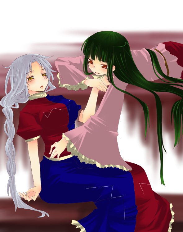 kuzumiya yuyu, houraisan kaguya, yagokoro eirin, touhou, silver hair, 2girls, black hair, female focus, hat, long hair, multiple girls