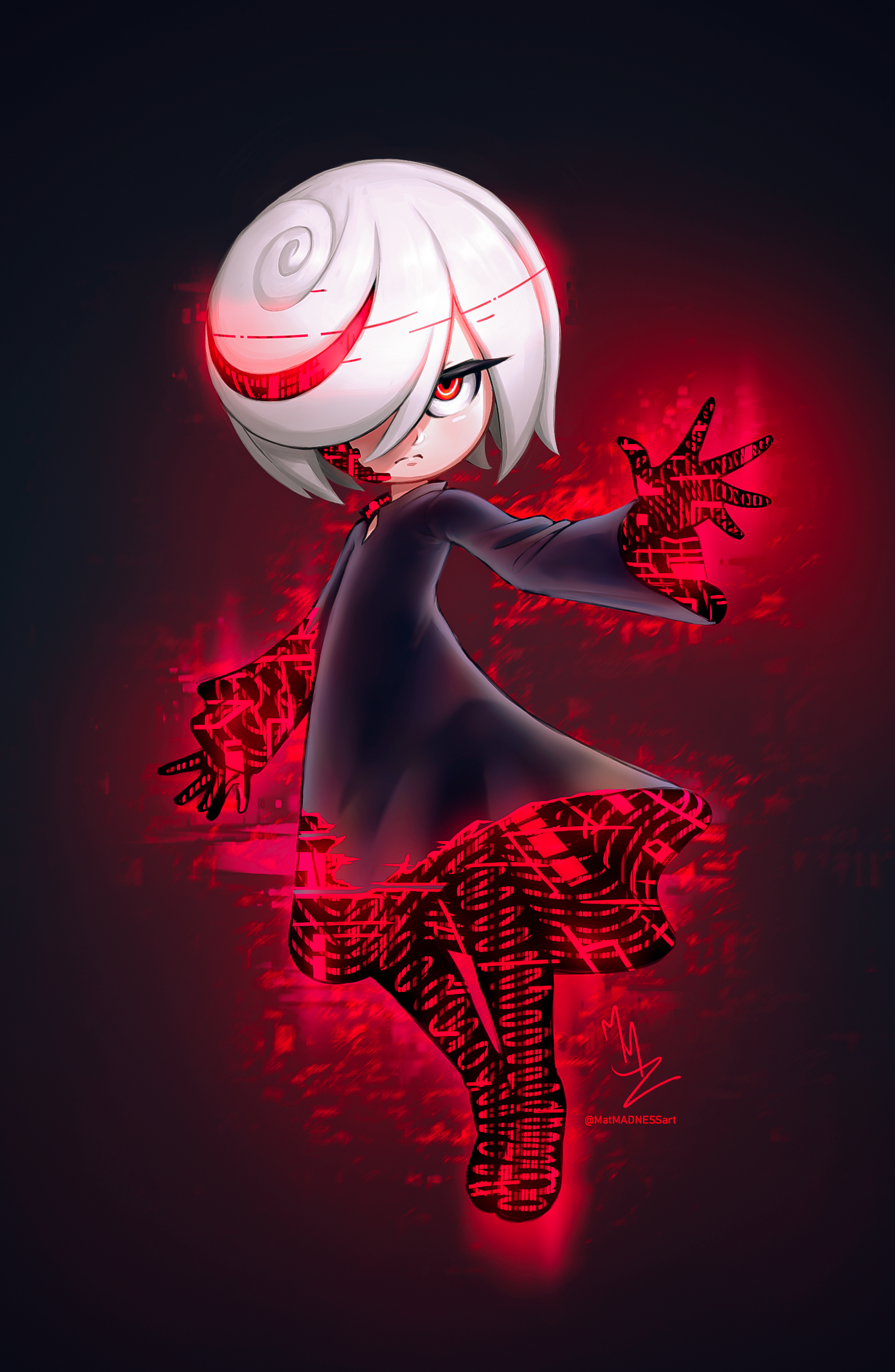 matmadness, sage (sonic), sega, sonic (series), sonic frontiers, commentary, english commentary, highres, 1girl, 2024, artist name, bare legs, black background, black dress, blurry, blurry background, clenched hand, colored inner hair, dress, energy, expressionless, female focus, flat chest, floating, glitch, gradient background, hair over one eye, looking at viewer, multicolored hair, outstretched arm, parted lips, reaching, red eyes, red hair, short hair, solo, tsurime, two-tone hair, upper body, white hair