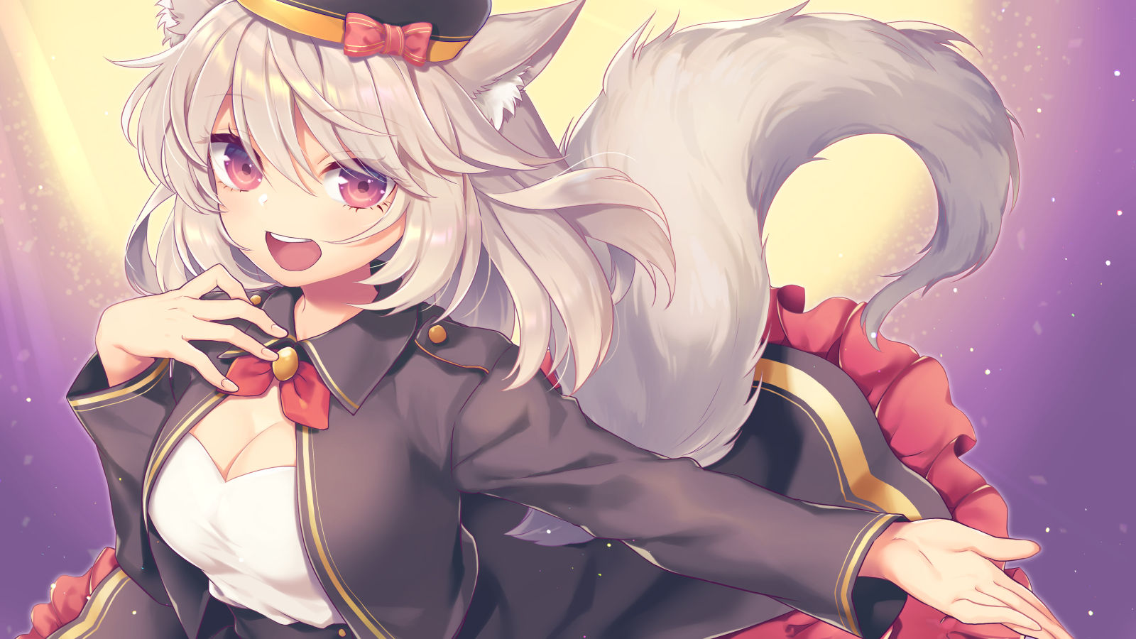 tomobe kinuko, indie virtual youtuber, commentary, commission, highres, skeb commission, 1girl, :d, animal ear fluff, animal ears, beret, black hat, black jacket, black skirt, bow, breasts, cleavage, collared jacket, eyelashes, gold trim, gradient background, grey hair, hair between eyes, hand on own chest, hat, hat bow, hinano aki, jacket, layered skirt, looking at viewer, medium breasts, medium hair, open hand, open mouth, outstretched arm, purple background, purple eyes, red bow, red skirt, shirt, skirt, smile, solo, swept bangs, tail, teeth, upper body, upper teeth only, virtual youtuber, white shirt, wing collar, wolf ears, wolf girl, wolf tail, yellow background