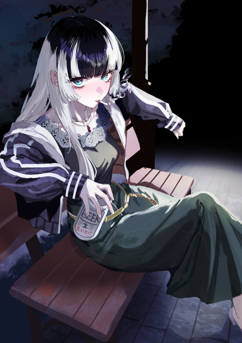 murechika, juufuutei raden, hololive, hololive dev is, commentary, highres, 1girl, alternate costume, bead necklace, beads, beer can, belt, bench, black hair, black jacket, blue eyes, blunt bangs, blush, breasts, can, cigarette, closed mouth, dress, drink can, feet out of frame, from side, gem, green dress, holding, holding can, jacket, jewelry, lace, lace-trimmed dress, lace trim, lamppost, long hair, looking at viewer, medium breasts, mouth hold, multicolored hair, necklace, night, open clothes, open jacket, outdoors, red gemstone, shoes, sitting, smoking, solo, straight hair, streaked hair, track jacket, two-tone hair, virtual youtuber, white hair, white shoes, yellow belt