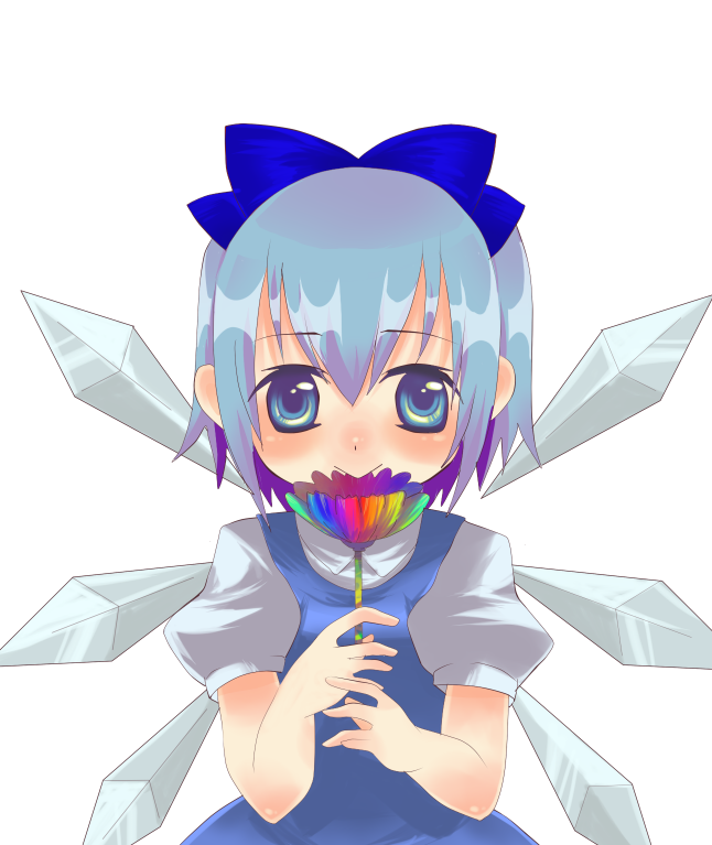 kuzumiya yuyu, cirno, embodiment of scarlet devil, touhou, 1girl, :>, blue eyes, blue hair, bow, dress, female focus, flower, hair bow, matching hair/eyes, plant, ribbon, short hair, simple background, solo, white background, wings