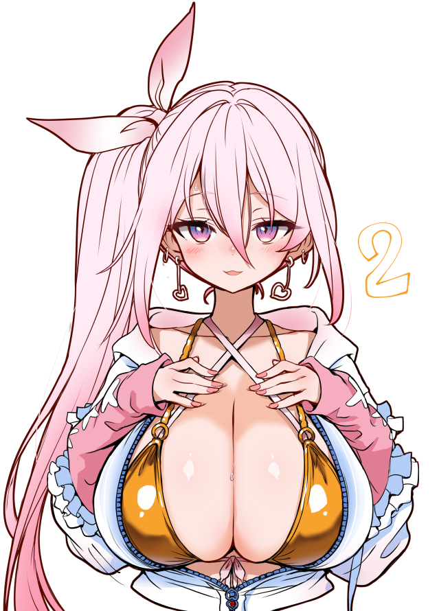 hirowa nagi, ryugahama yue, first stage production, commentary request, 1girl, bikini, blush, breasts, cleavage, collarbone, double-parted bangs, earrings, fingernails, gold bikini, hair between eyes, heart, heart earrings, huge breasts, jacket, jewelry, long bangs, long hair, long sleeves, looking at viewer, nail polish, open mouth, partially unzipped, pink hair, pink nails, purple eyes, side ponytail, simple background, smile, solo, straight-on, sweat, swimsuit, transparent background, upper body, virtual youtuber, white jacket