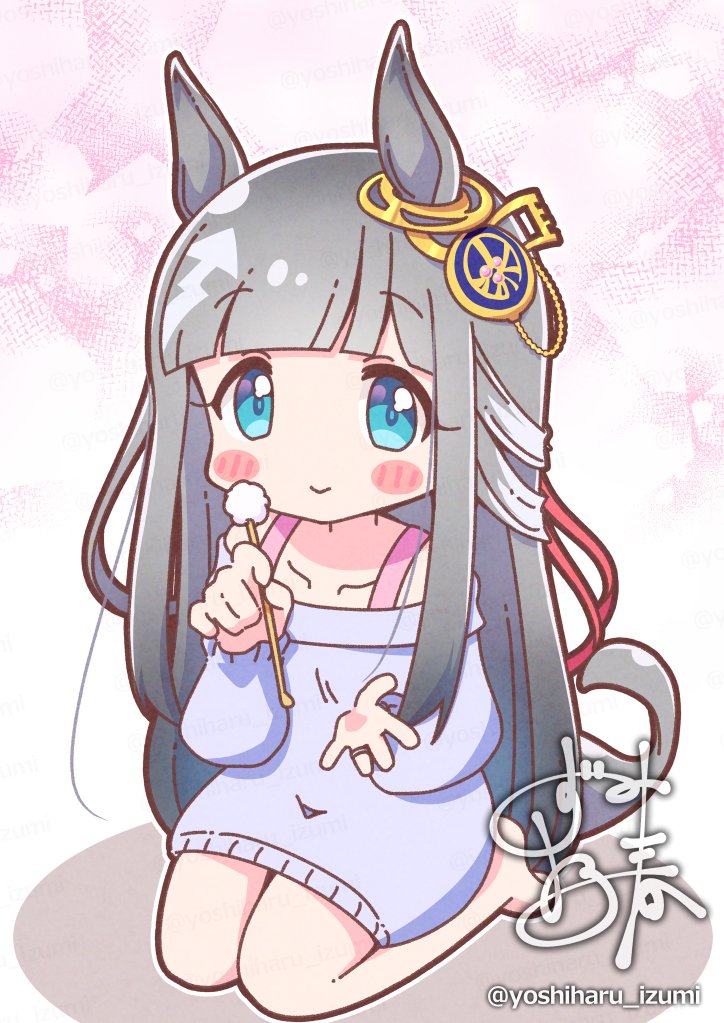 yoshiharu izumi, chrono genesis (umamusume), umamusume, 1girl, animal ears, blue eyes, blunt bangs, blush, bra strap, breasts, closed mouth, collarbone, dress, ear ornament, grey hair, hair between eyes, hair ornament, horse ears, horse girl, horse tail, long hair, looking at viewer, mimikaki, off-shoulder dress, off shoulder, seiza, sitting, smile, solo, tail