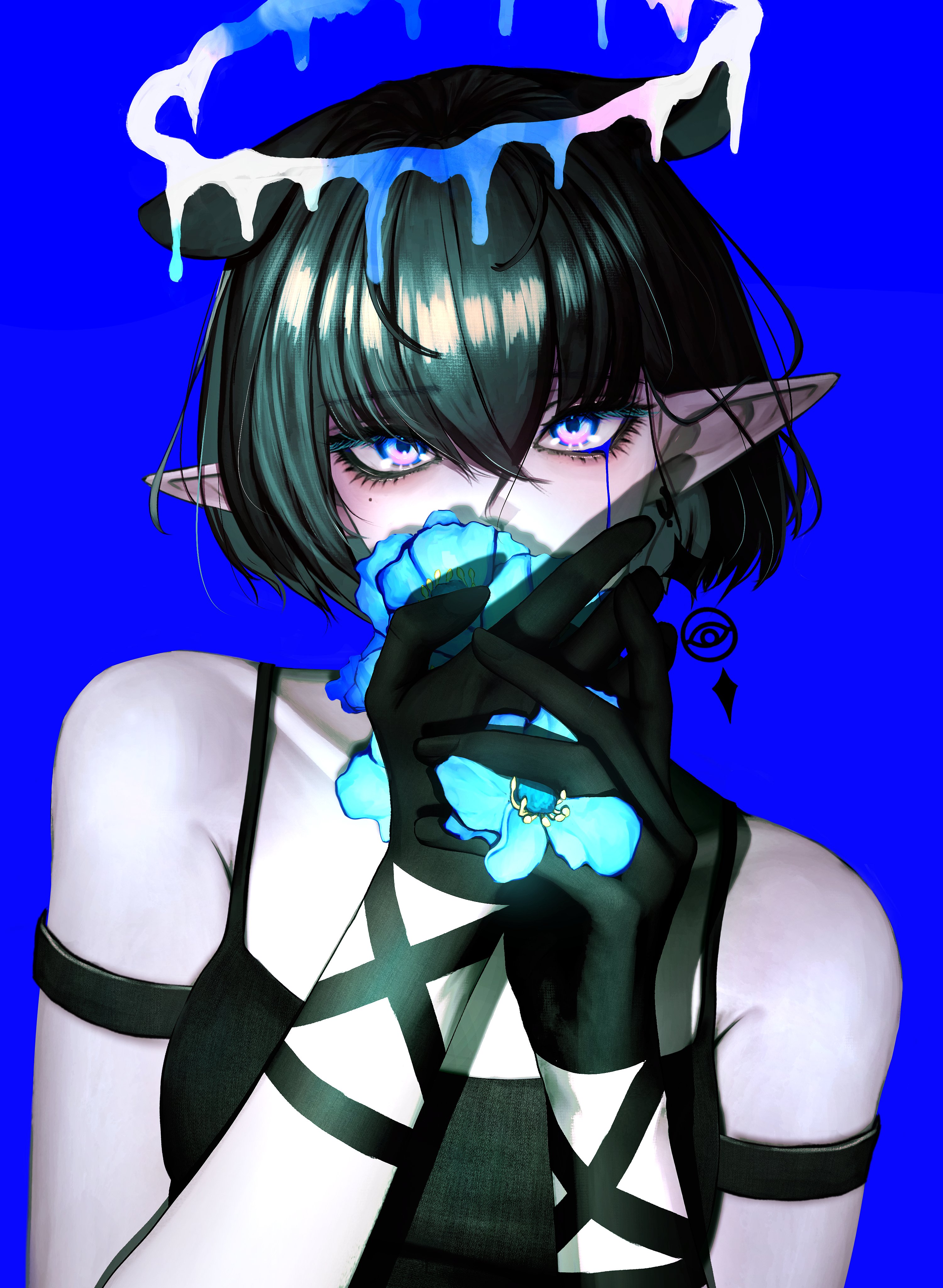 soju ice, ninomae ina'nis, hololive, hololive english, absurdres, highres, 1girl, arm strap, bare shoulders, black dress, black gloves, black hair, blue background, blue eyes, breasts, collarbone, crossed bangs, dress, earrings, gloves, hair between eyes, halo, jewelry, melting halo, pointy ears, short hair, simple background, sleeveless, sleeveless dress, small breasts, solo, spaghetti strap, tentacle hair, virtual youtuber