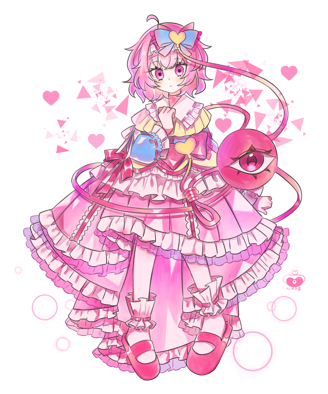 utamame, komeiji satori, touhou, commentary request, highres, 1girl, blue shirt, closed mouth, embellished costume, eyeball, frilled shirt collar, frilled sleeves, frills, full body, hair ornament, heart, heart hair ornament, long sleeves, looking at viewer, mary janes, pink eyes, pink hair, pink shoes, pink skirt, ribbon-trimmed collar, ribbon-trimmed sleeves, ribbon trim, shirt, shoes, skirt, socks, solo, third eye, white socks, wide sleeves