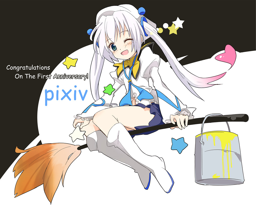 ixy, pixiv-tan, pixiv, 1girl, anniversary, art brush, female focus, one eye closed, paint, paint can, paintbrush, solo, star (symbol), white hair, wink