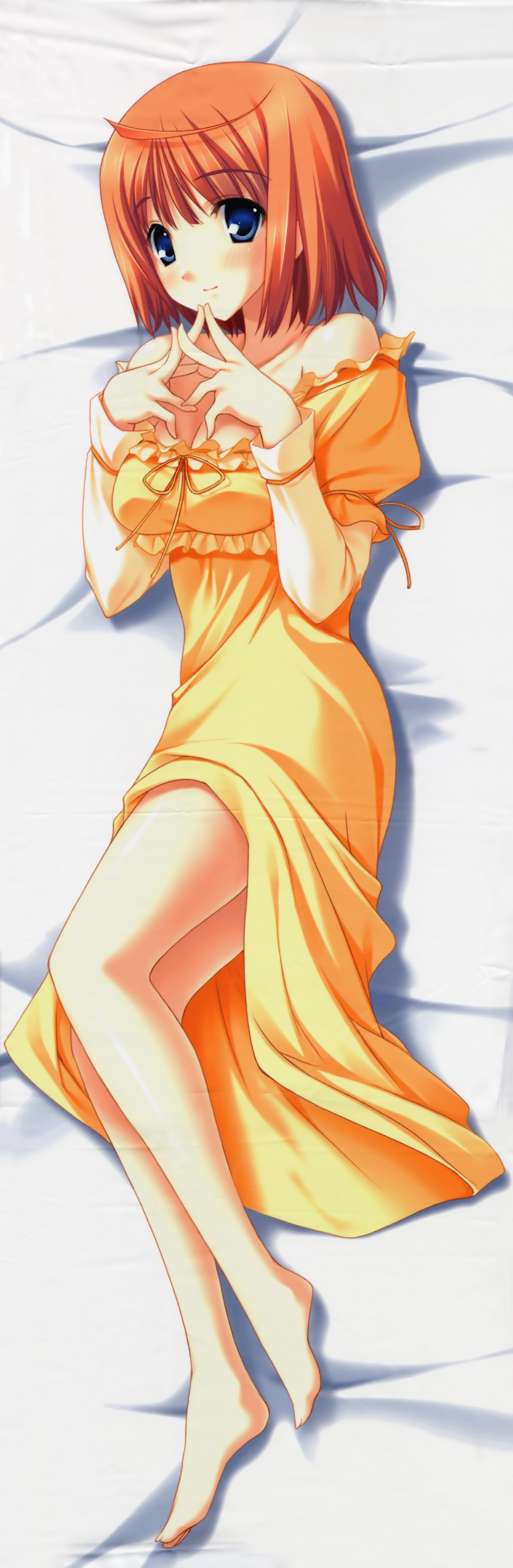 yaegashi nan, tsukishima koko, da capo, da capo ii, absurdres, highres, long image, non-web source, scan, tall image, 00s, 1girl, barefoot, bed, blue eyes, blush, female focus, lingerie, nightgown, orange hair, short hair, solo, steepled fingers, underwear
