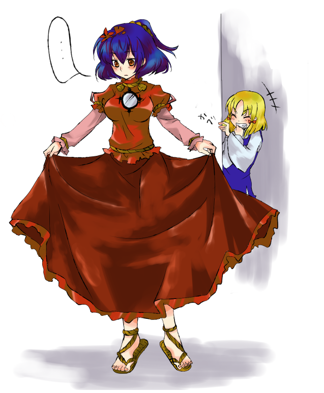 kuzumiya yuyu, moriya suwako, yasaka kanako, touhou, …, 2girls, ^^^, blonde hair, brooch, female focus, gem, hair ornament, jewelry, laughing, leaf hair ornament, multiple girls, no legwear, peeking out, purple hair, red eyes, sandals, skirt hold, speech bubble, spoken ellipsis, toes, zouri