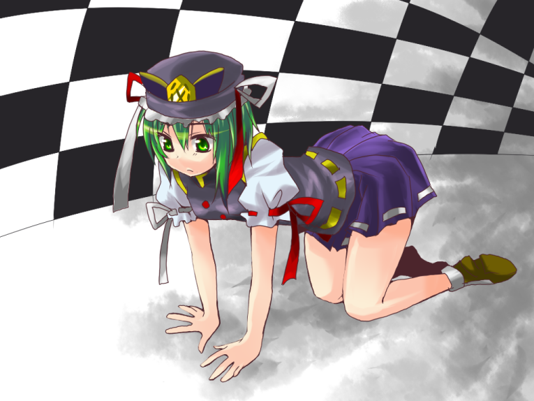 kuzumiya yuyu, shiki eiki, touhou, 1girl, all fours, black background, female focus, green eyes, green hair, grey background, hat, ribbon, short hair, solo, white background