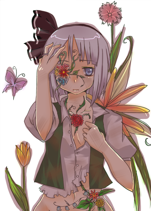 kuzumiya yuyu, konpaku youmu, touhou, flower request, 1girl, bottomless, female focus, flower, flower eyepatch, flower over eye, open clothes, open shirt, overgrown, shirt, solo