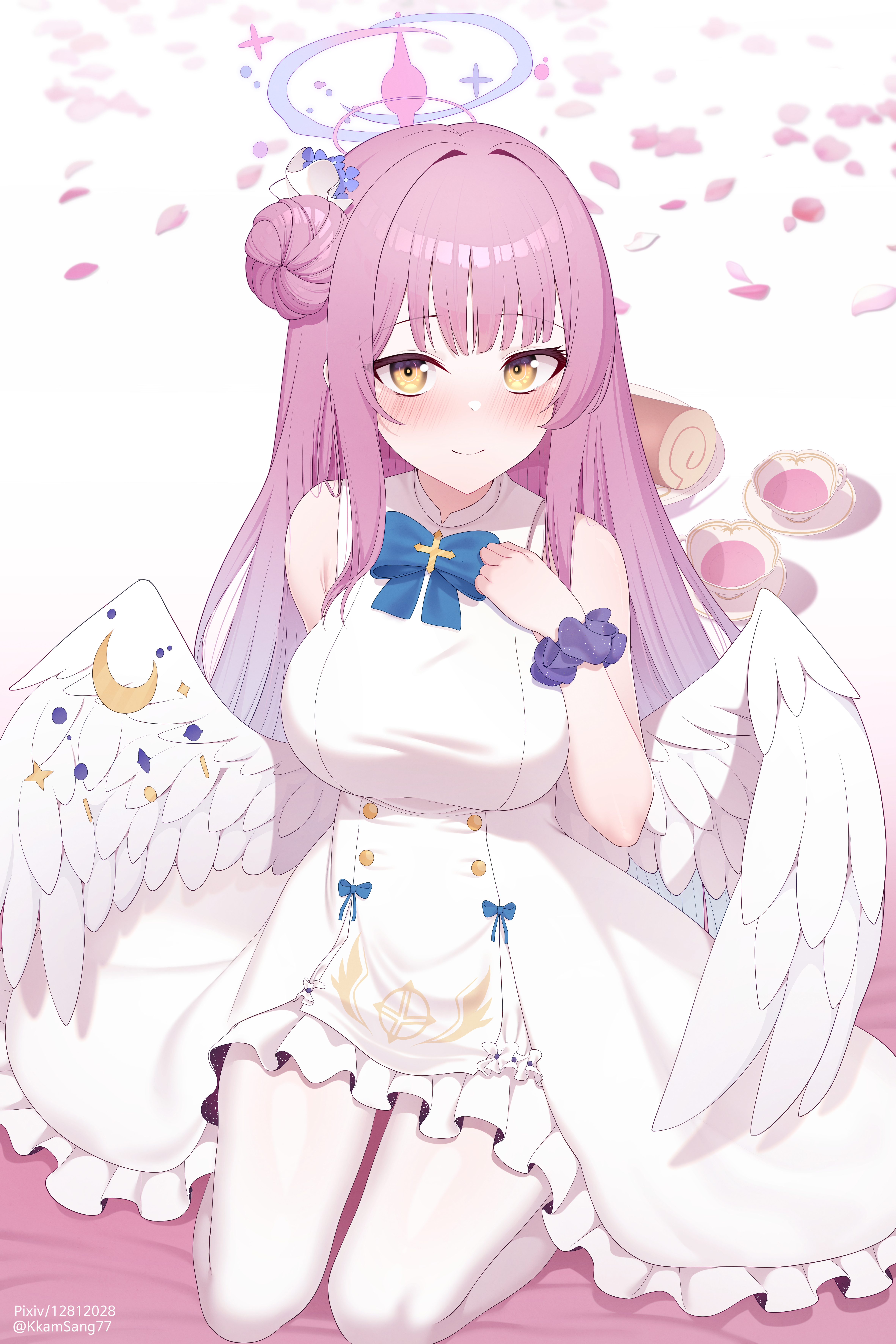 kkam-sang, mika (blue archive), blue archive, absurdres, highres, 1girl, angel wings, blue bow, blush, bow, breasts, cake, closed mouth, cup, dress, feathered wings, flower, food, frilled dress, frills, hair bun, hair flower, hair ornament, halo, long hair, looking at viewer, low wings, medium breasts, pantyhose, pink hair, pink halo, scrunchie, single hair bun, single side bun, sleeveless, sleeveless dress, smile, solo, swiss roll, tea, teacup, very long hair, white dress, white overskirt, white pantyhose, white wings, wing ornament, wings, wrist scrunchie, yellow eyes