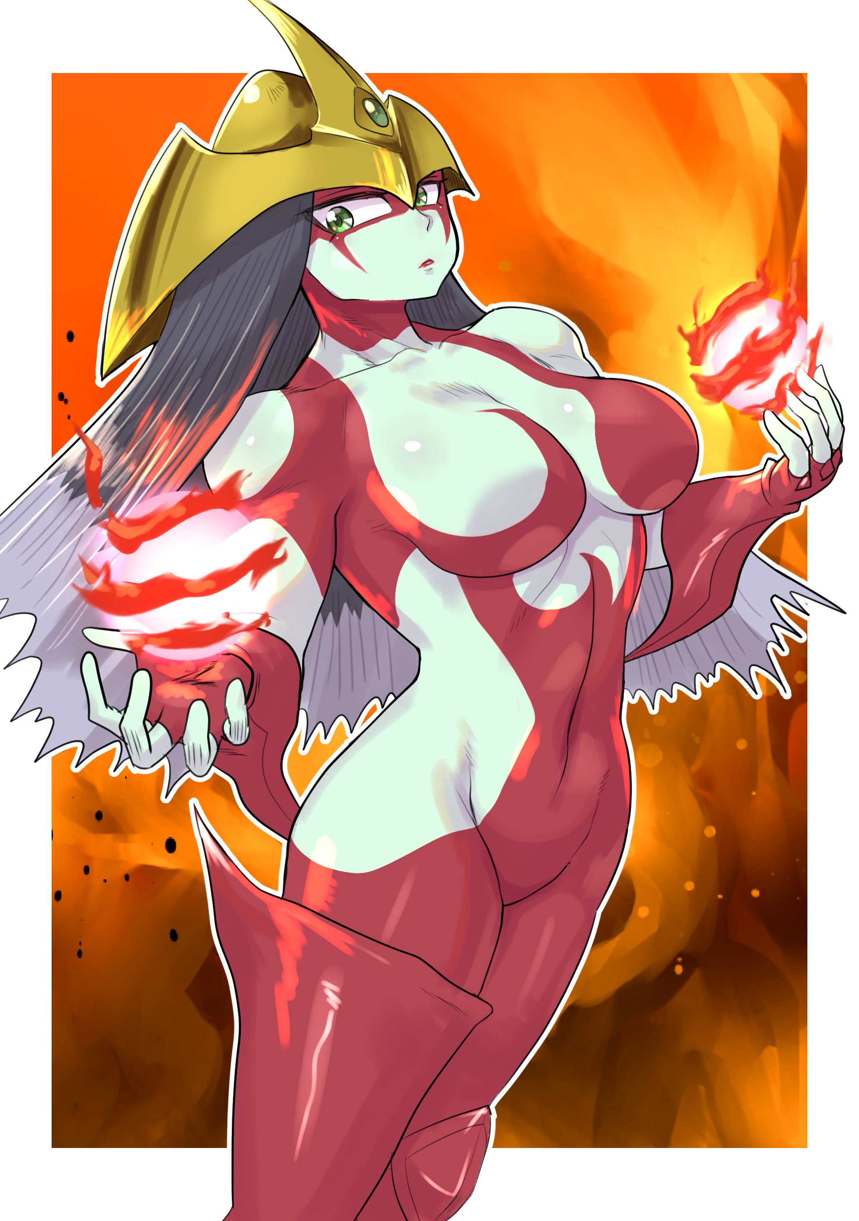 go madare, elemental hero burstinatrix, yu-gi-oh!, absurdres, commentary, highres, 1girl, black hair, blue skin, bodysuit, border, colored skin, cowboy shot, duel monster, fire, green eyes, long hair, red background, red bodysuit, solo, white border