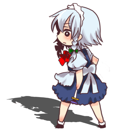 kuzumiya yuyu, izayoi sakuya, touhou, silver hair, lowres, 1girl, black shoes, braid, chibi, female focus, shoes, short hair, solo, twin braids