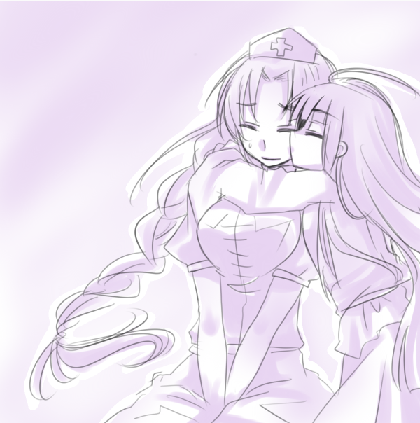 kuzumiya yuyu, houraisan kaguya, yagokoro eirin, touhou, 2girls, female focus, hat, hug, kiss, monochrome, multiple girls, purple background, purple theme, yuri