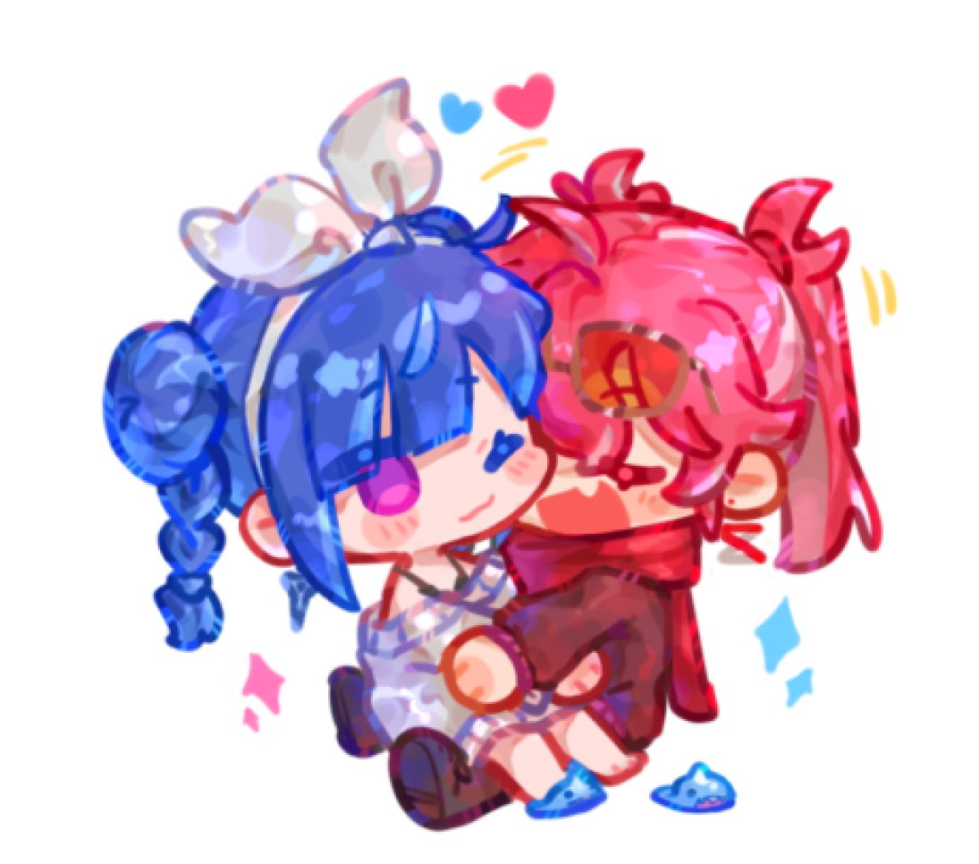 winter snow, evil twin ki-sikil, evil twin lil-la, ki-sikil (yu-gi-oh!), lil-la (yu-gi-oh!), yu-gi-oh!, 2girls, black shirt, blue hair, blush stickers, chibi, closed eyes, double bun, duel monster, hair bun, heart, multiple girls, one eye closed, purple eyes, red hair, red scarf, scarf, shirt, simple background, twintails, white background, white shirt, yuri