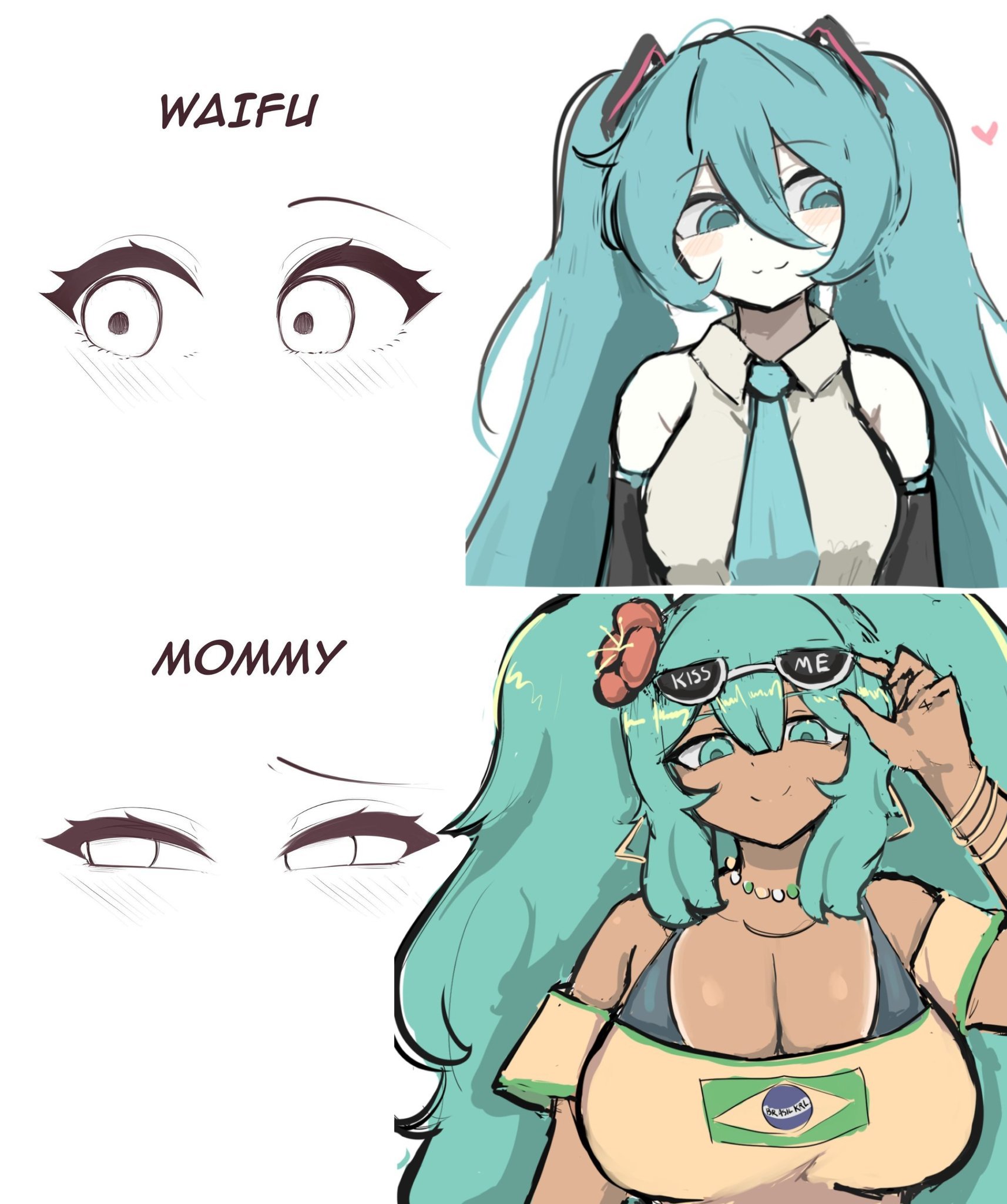 m3link, brazilian miku, hatsune miku, vocaloid, commentary, english commentary, highres, 2girls, bare shoulders, bikini, black bikini, blue eyes, blue hair, blue necktie, blush, brazilian flag, brazilian flag print, breasts, cleavage, closed mouth, comparison, dark-skinned female, dark skin, dual persona, earrings, english text, flag print, flower, hair between eyes, hair flower, hair ornament, heart, jewelry, large breasts, long hair, looking at viewer, multiple girls, necktie, shirt, sleeveless, sleeveless shirt, smile, swimsuit, tan, twintails