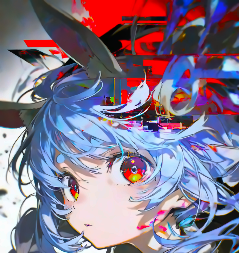 usada pekora, hololive, 1girl, animal ears, floating hair, hair between eyes, long hair, looking at viewer, parted lips, purple hair, rabbit ears, rabbit girl, red eyes, ruo20110723, solo, thick eyebrows, virtual youtuber