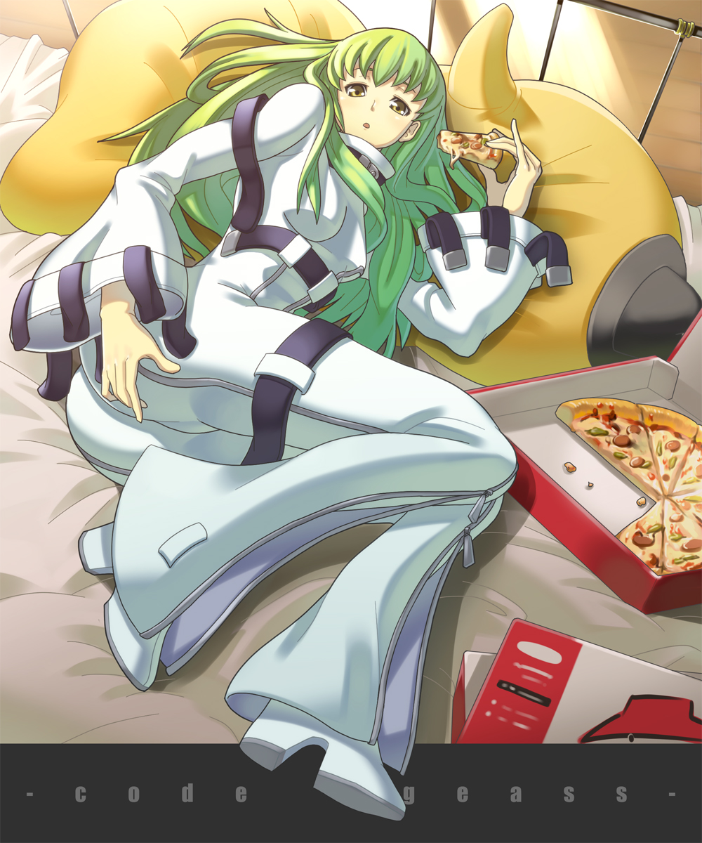 knife (artist), c.c., cheese-kun, code geass, pizza hut, highres, 00s, 1girl, ass, female focus, food, green hair, long hair, pizza, solo, straitjacket, yellow eyes
