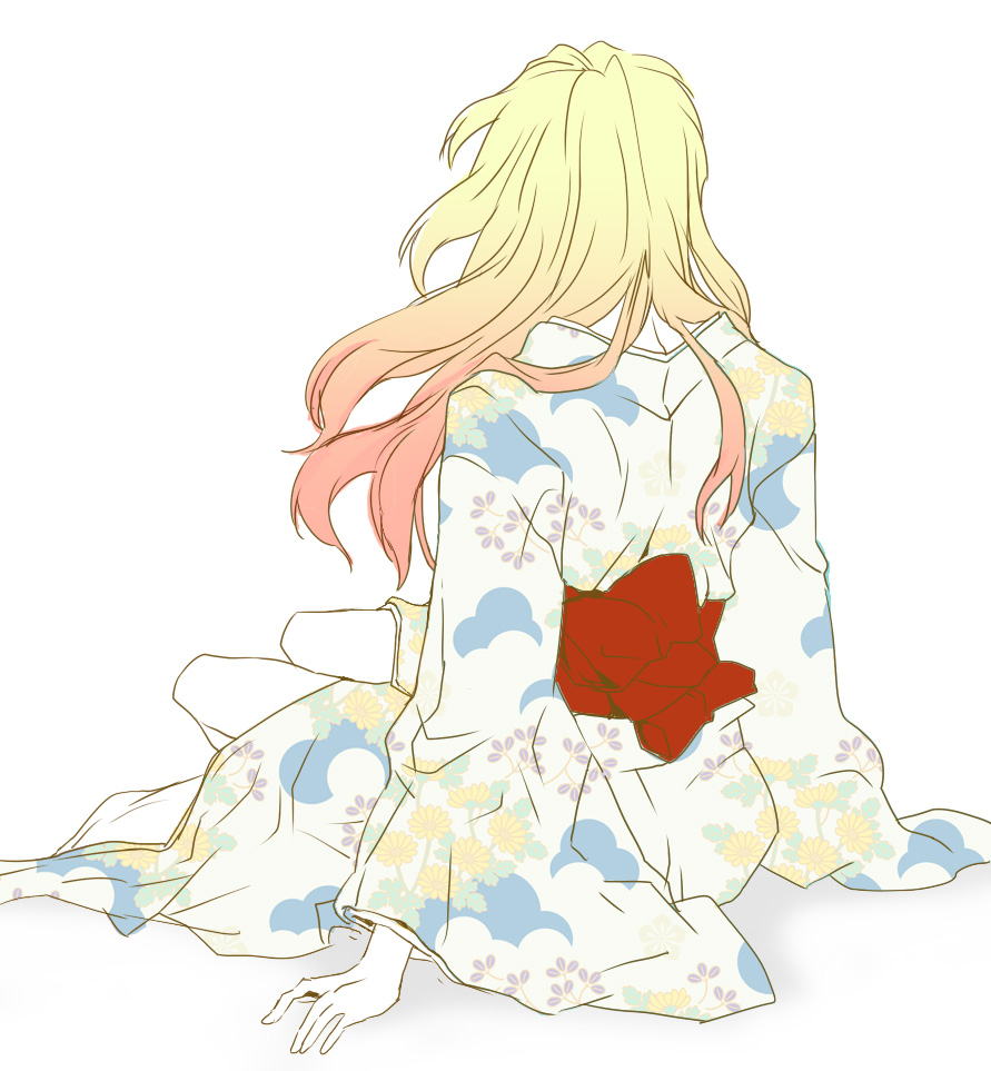 mooche, sheryl nome, macross, macross frontier, 00s, 1girl, female focus, full body, gradient background, japanese clothes, kimono, pale skin, simple background, solo