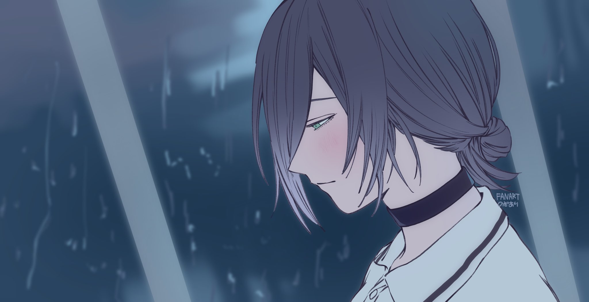 valentine (02140314c), reze (chainsaw man), chainsaw man, commentary, highres, 1girl, black choker, black hair, choker, closed mouth, collared shirt, from side, green eyes, hair bun, hair over one eye, portrait, profile, rain, shirt, short hair, signature, solo, window