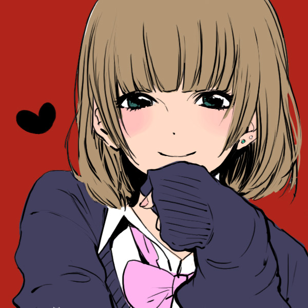 yokoyari mengo, blush, bow, brown hair, cardigan, earrings, green eyes, heart, jewelry, short hair, smile, solo