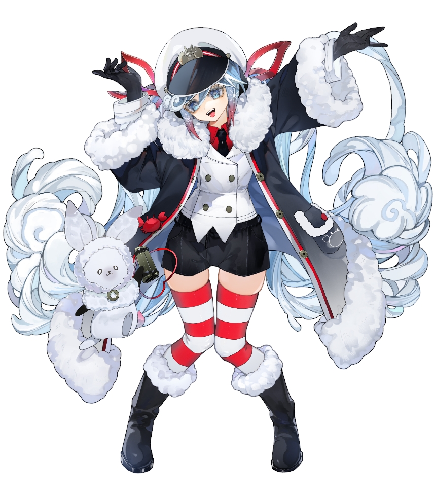 tapioga2, hatsune miku, rabbit yukine, yuki miku, yuki miku (2022), vocaloid, commentary, symbol-only commentary, 1girl, 1other, aqua eyes, aqua hair, arms up, binoculars, black coat, black gloves, black necktie, black shorts, blush, coat, collared shirt, fur-trimmed coat, fur-trimmed sleeves, fur trim, gloves, gradient hair, hair between eyes, hair ornament, hair ribbon, hat, holding, holding binoculars, jacket, long hair, long sleeves, looking at viewer, multicolored hair, necktie, official alternate costume, official alternate hairstyle, parted lips, peaked cap, rabbit, red ribbon, red shirt, ribbon, sailor hat, shirt, short shorts, shorts, simple background, striped clothes, striped thighhighs, thighhighs, twintails, very long hair, white background, white hair, white jacket