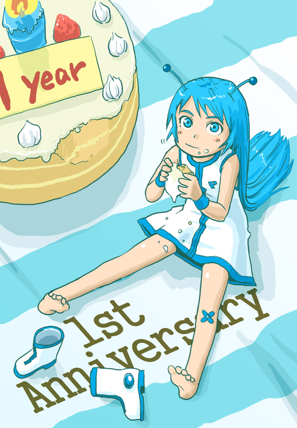 naotan, pixiv-tan, pixiv, 1girl, anniversary, antennae, bandaid, barefoot, blue eyes, blue hair, blush, boots, cake, child, crumbs, dress, eating, feet, female focus, food, food on face, from above, long hair, looking up, matching hair/eyes, mini person, minigirl, pastry, shoes, sitting, solo, unworn shoes, very long hair