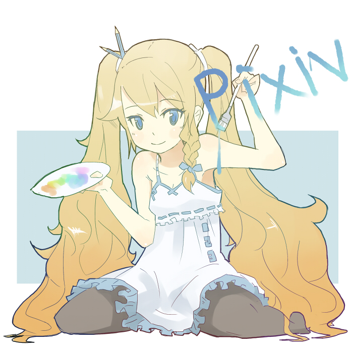 jitsu hidari, pixiv-tan, pixiv, 1girl, art brush, blonde hair, blue eyes, braid, female focus, flat chest, frills, kneeling, long hair, paint, paint palette, paintbrush, panti brusn, pantyhose, side braid, sitting, smile, solo, wariza