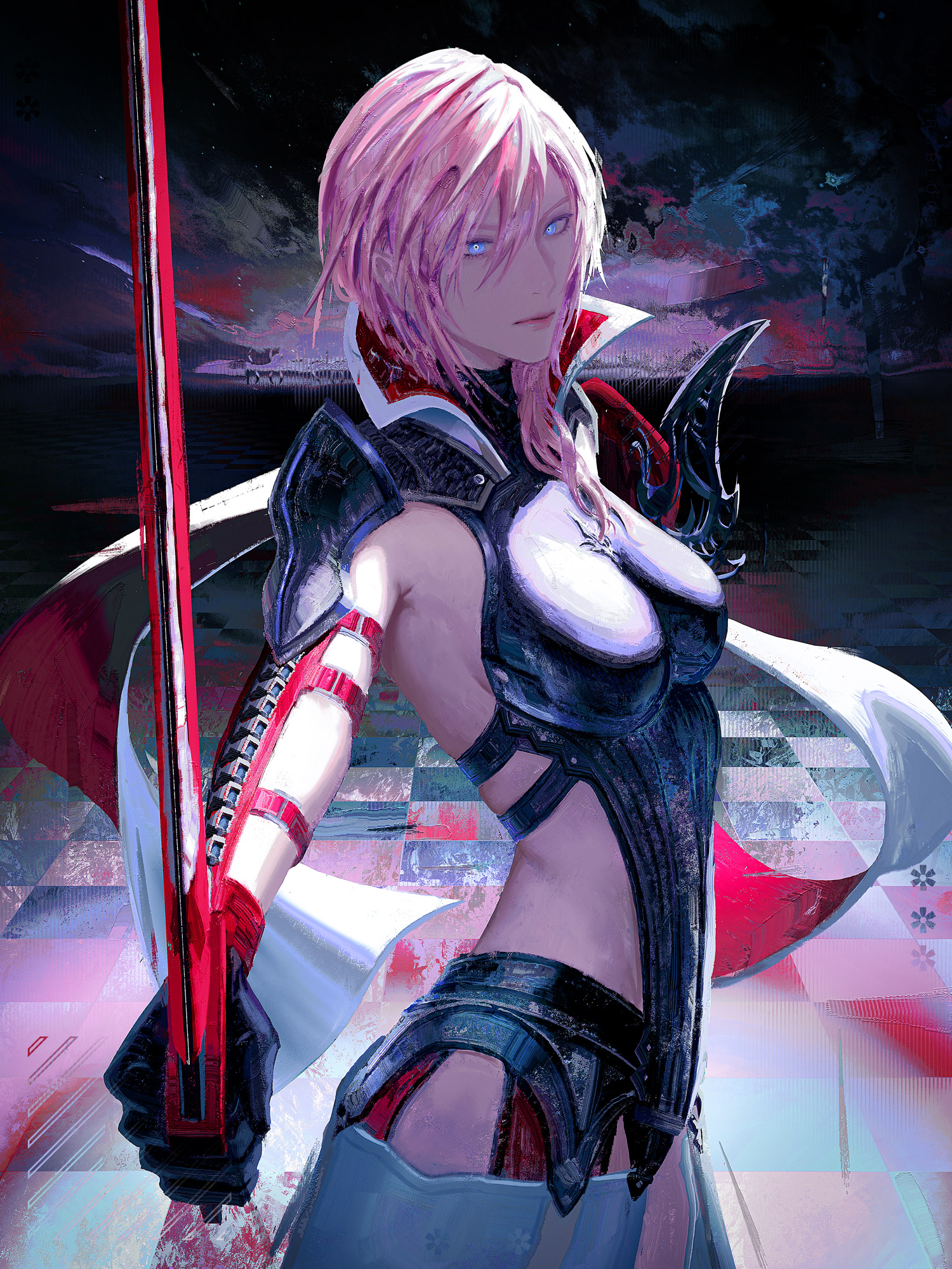 flowersbloodart, lightning farron, final fantasy, final fantasy xiii, lightning returns: final fantasy xiii, highres, 1girl, armor, armored leotard, black gloves, blue eyes, boobplate, breastplate, breasts, cape, checkered floor, gloves, leotard, official alternate costume, pink hair, sideboob, solo, sword, waist cape, weapon