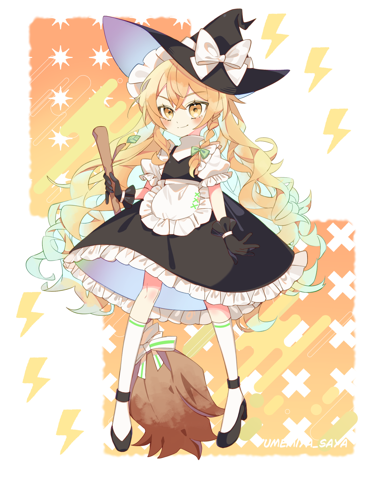 utamame, kirisame marisa, touhou, commentary request, highres, 1girl, apron, artist name, black shoes, blonde hair, blush, bow, braid, broom, closed mouth, full body, green bow, hair bow, hat, hat bow, holding, holding broom, kneehighs, long hair, looking at viewer, puffy short sleeves, puffy sleeves, shoes, short sleeves, side braid, single braid, smile, socks, solo, very long hair, waist apron, white bow, white socks, witch hat, yellow eyes
