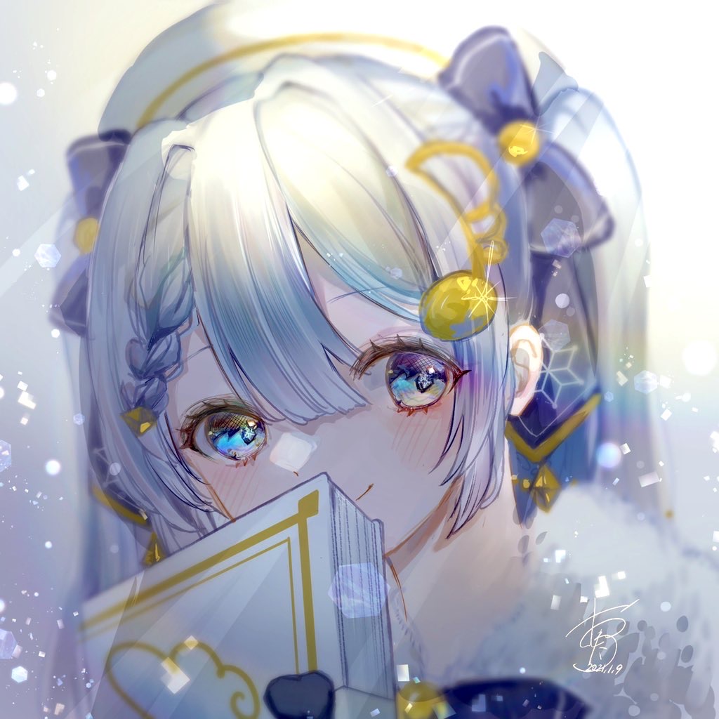 omutaro, hatsune miku, yuki miku, yuki miku (2021), vocaloid, commentary, 1girl, aqua eyes, aqua hair, beret, blue bow, blush, book, bow, braid, closed mouth, fortissimo, hair between eyes, hair ornament, hat, holding, holding book, long hair, musical note, musical note hair ornament, official alternate costume, official alternate hairstyle, smile, snowflake print, solo, very long hair