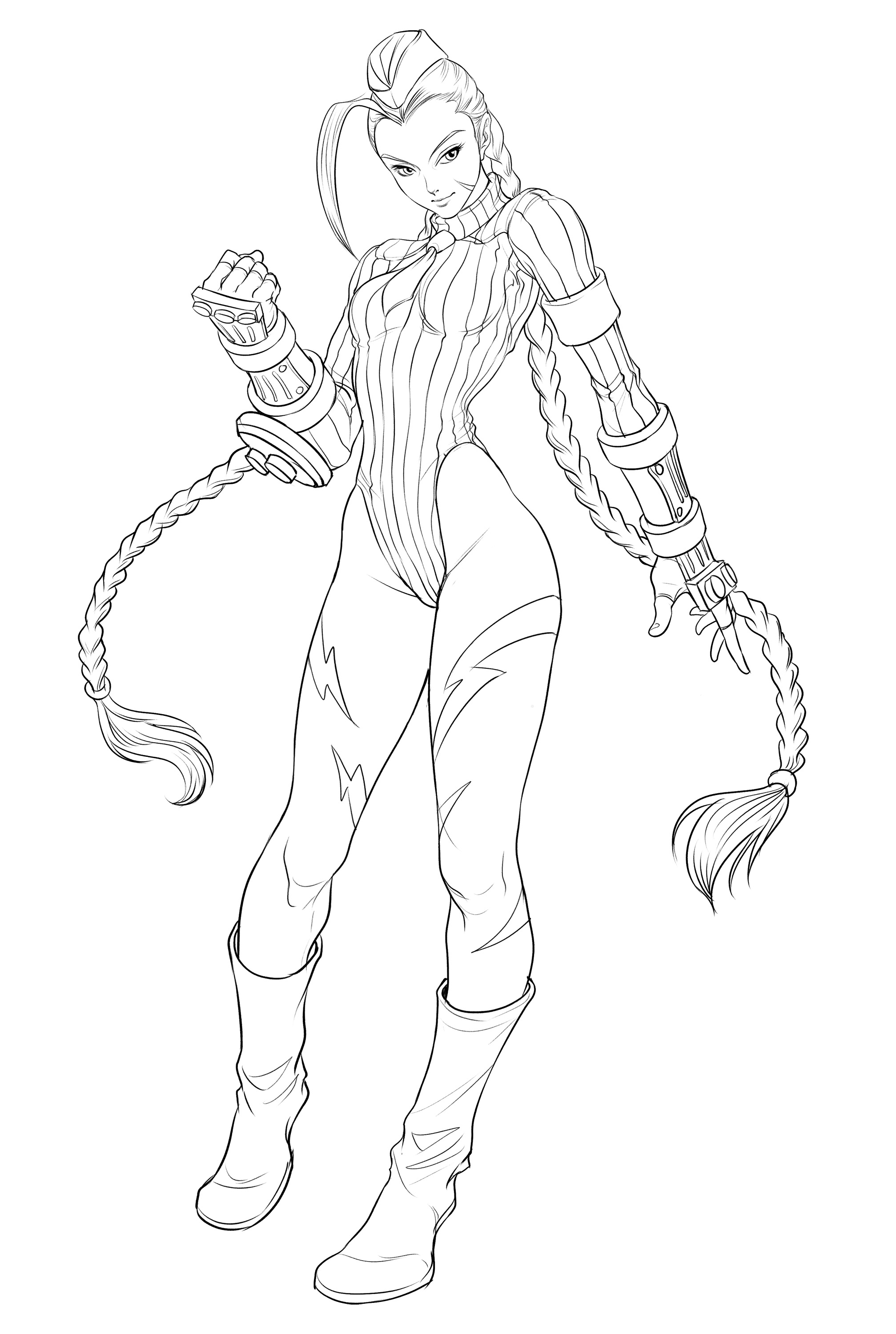 stanley lau, cammy white, capcom, street fighter, street fighter zero (series), absurdres, highres, 1990s (style), 1girl, braid, female focus, garrison cap, gloves, greyscale, hat, leotard, monochrome, retro artstyle, solo, twin braids