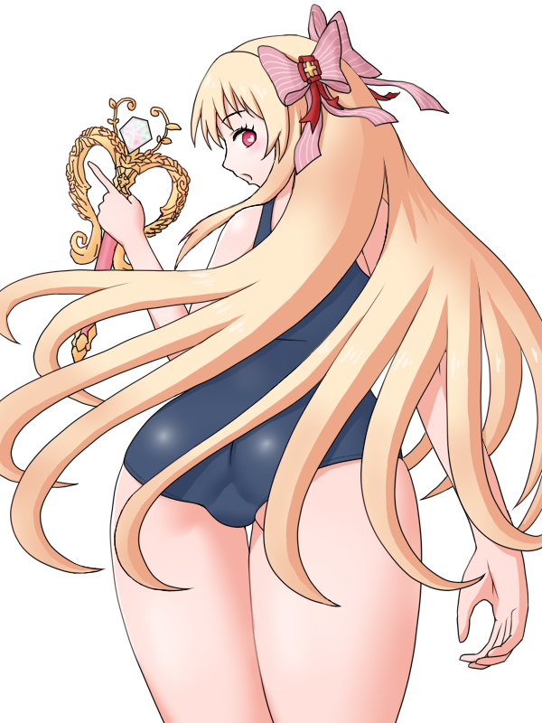 yass hero, chaos marie (grimms notes), grimms notes, 1girl, ass, blonde hair, from behind, holding, holding wand, long hair, old school swimsuit, open mouth, pink eyes, school swimsuit, solo, standing, swimsuit, turning head, wand