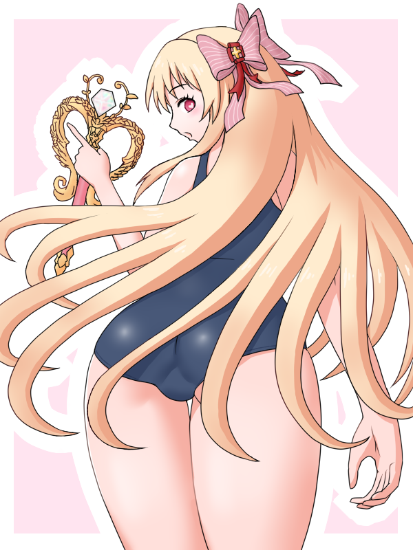 yass hero, chaos marie (grimms notes), grimms notes, 1girl, ass, blonde hair, from behind, holding, holding wand, long hair, old school swimsuit, open mouth, pink eyes, school swimsuit, solo, standing, swimsuit, turning head, wand