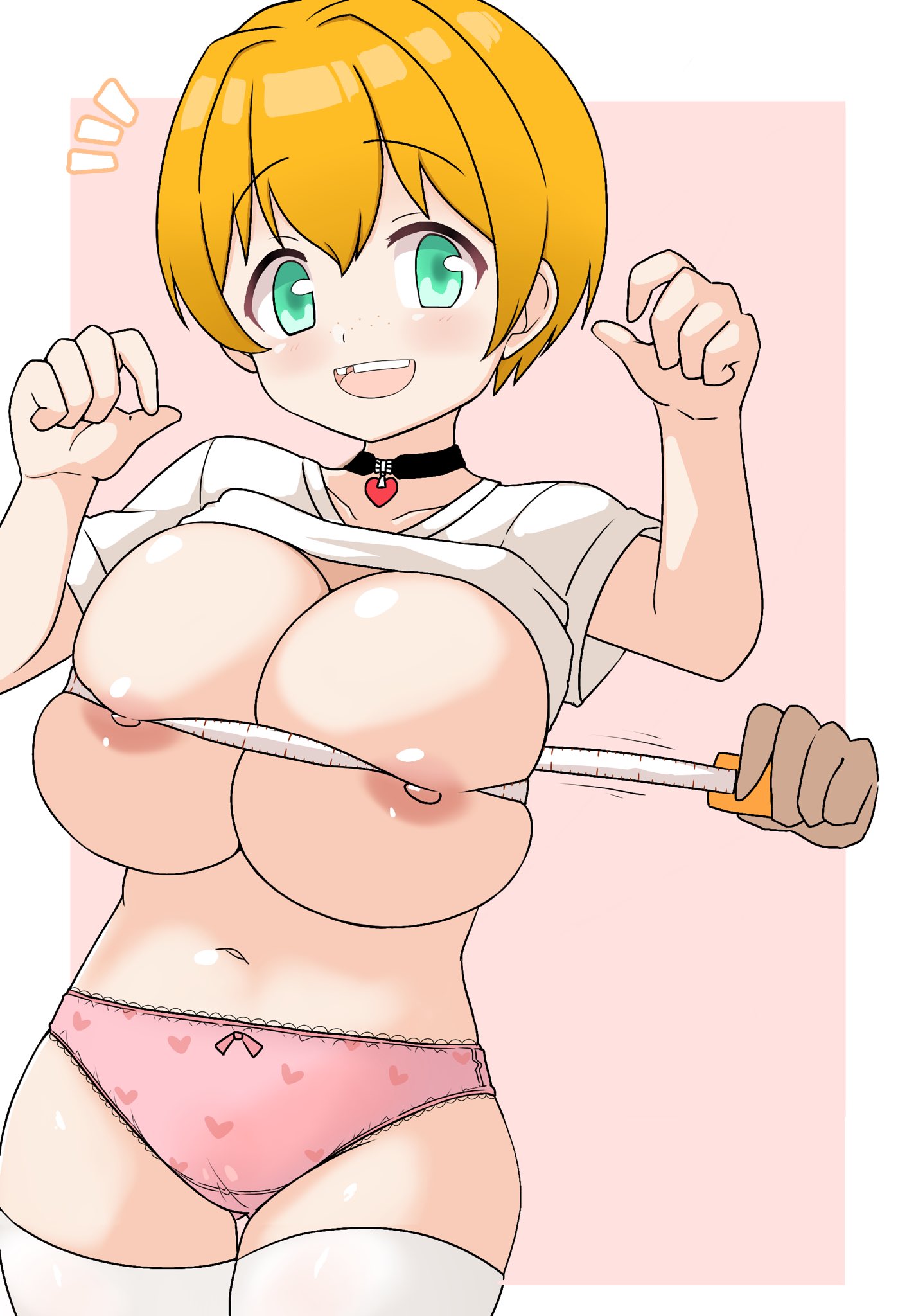 petsuo (penpen), honey (raspberry puff), original, commentary, commentary request, commission, english commentary, highres, mixed-language commentary, skeb commission, 1girl, :d, black choker, blonde hair, bow, bow panties, breasts, bust measuring, choker, clothes lift, cowboy shot, freckles, green eyes, hands up, heart, heart panties, heart pendant, heart print, large breasts, measuring, missing tooth, nipples, no bra, notice lines, open mouth, oppai loli, panties, pendant choker, pink panties, print panties, raised eyebrows, shirt, shirt lift, short hair, short sleeves, skindentation, smile, solo, t-shirt, tape measure, thighhighs, underwear, white shirt, white thighhighs