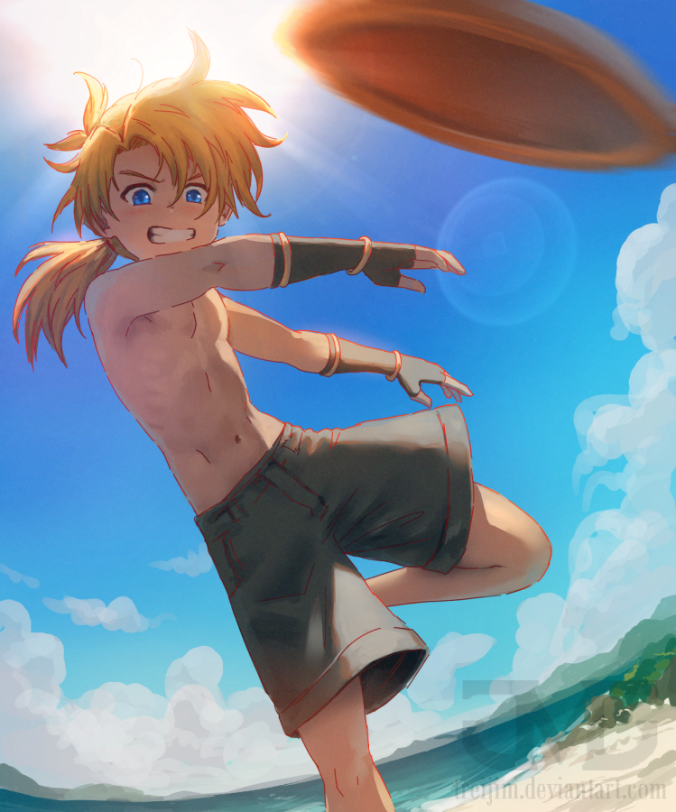 dew (fire emblem), fire emblem, fire emblem: genealogy of the holy war, nintendo, commentary, english commentary, 1boy, beach, blonde hair, blue eyes, brown gloves, clenched teeth, frisbee, gloves, grey shorts, male focus, navel, ocean, ponytail, sand, shorts, solo, sun glare, teeth, toned, toned male, topless male, treijim, watermark