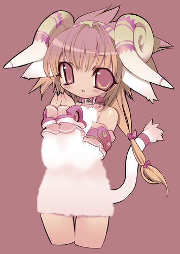 blade (galaxist), lowres, 1girl, animal ears, blush, brown eyes, brown hair, collar, cowboy shot, cropped legs, detached sleeves, female focus, horns, monster girl, sheep ears, sheep girl, simple background, solo, tail