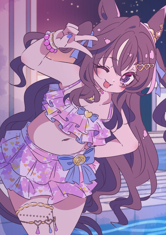 honkawa works, vivlos (eclat d'ete) (umamusume), vivlos (umamusume), umamusume, 1girl, animal ears, bikini, bikini skirt, blush, breasts, brown hair, floral print, floral print bikini, frilled bikini, frills, hair between eyes, hair ornament, horse ears, horse girl, horse tail, jewelry, long hair, looking at viewer, midriff, mole, mole under eye, multicolored hair, navel, necklace, night, night sky, official alternate costume, official alternate hairstyle, one eye closed, open mouth, outdoors, pool, print bikini, purple bikini, purple eyes, ruffle bikini, sky, smile, solo, streaked hair, swimsuit, tail, v, water, white streaks