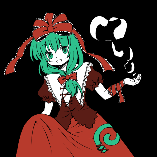korona, kagiyama hina, touhou, 1girl, bow, dress, female focus, frills, front ponytail, green eyes, green hair, hair bow, hair ribbon, matching hair/eyes, ribbon, skirt hold, solo