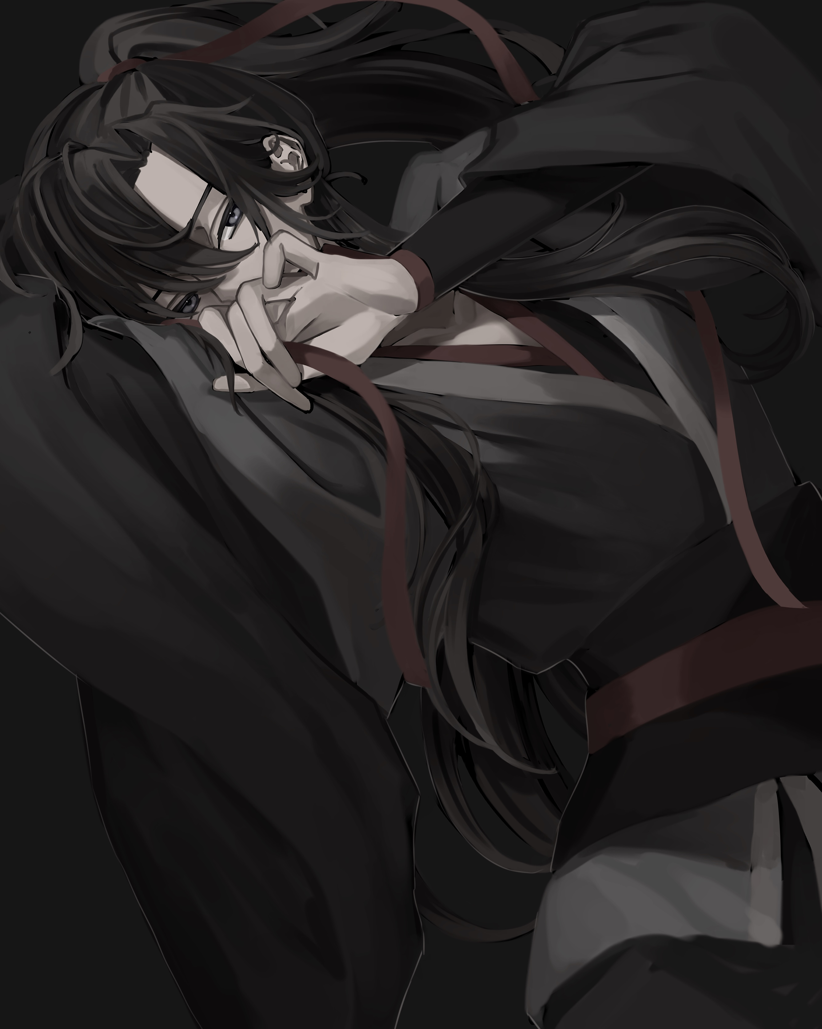 wei wuxian, modao zushi, absurdres, highres, 1boy, arm up, bishounen, black background, black hair, black hanfu, black sash, chinese clothes, covering own mouth, grey eyes, hair between eyes, hair ribbon, hand up, hanfu, high ponytail, holding, holding ribbon, long hair, long sleeves, looking at viewer, male focus, ponytail, red ribbon, red sash, ribbon, robe, sash, sidelocks, simple background, solo, ttttl12125, upper body, wide sleeves