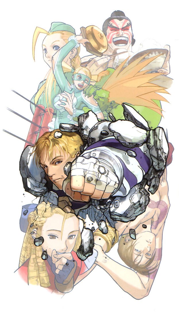 bengus, edaki shin'ya, blanka, cammy white, cody travers, e. honda, kanzuki karin, rainbow mika, vega (street fighter), capcom, final fight, street fighter, street fighter zero (series), official art, 1990s (style), 3girls, 4boys, antenna hair, garrison cap, hat, multiple boys, multiple girls, prison clothes, punching, retro artstyle, ringlets