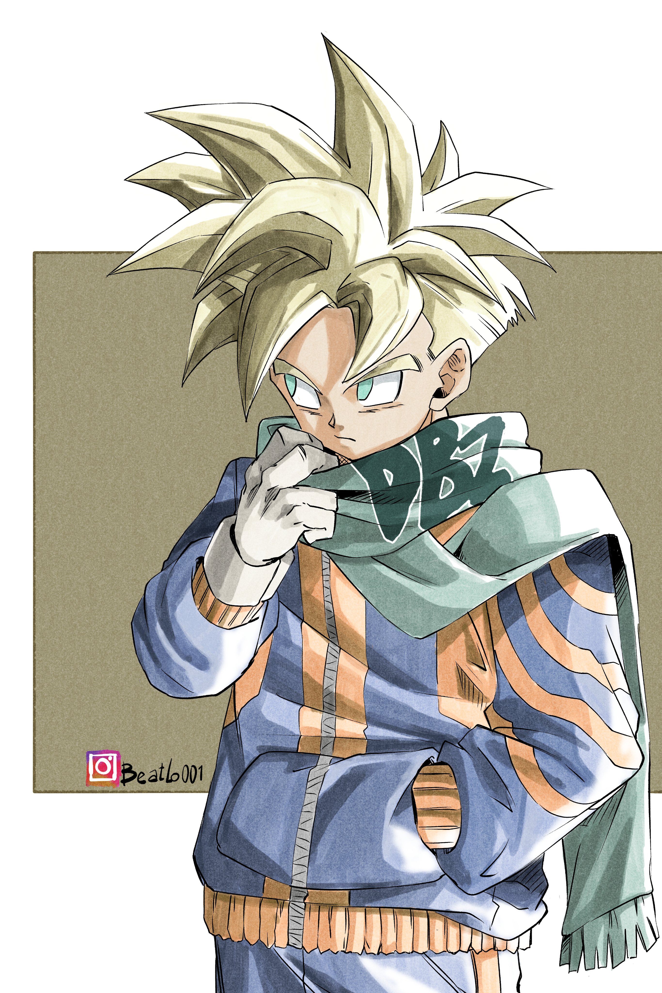 beatlo (rodrigo38658978), son gohan, dragon ball, dragonball z, absurdres, highres, 1boy, alternate costume, blonde hair, blue jacket, blue pants, copyright name, cowboy shot, green eyes, green scarf, hand in pocket, jacket, multicolored jacket, orange jacket, pants, scarf, short hair, simple background, solo, spiked hair, super saiyan, super saiyan 1, two-tone jacket