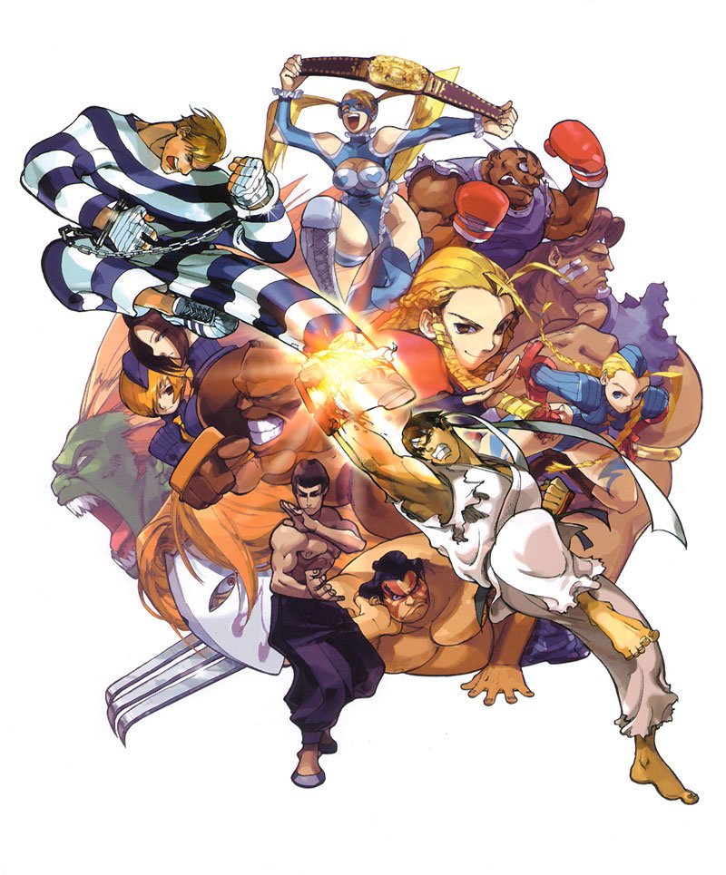bengus, edayan, balrog, balrog (street fighter), blanka, cammy white, cody, dee jay, e. honda, fei long, juli, juni, kanzuki karin, rainbow mika, thunder hawk, capcom, street fighter, street fighter ii, street fighter zero, street fighter zero 3, ryuu (street fighter), t hawk, official art, bandages, barefoot, belt, black hair, blonde hair, boxing gloves, braid, brown hair, chain, clash, claws, clenched teeth, cuffs, everyone, facepaint, feet, fighting stance, gloves, glowing, green skin, handcuffs, hat, headband, mask, muscular, punching, ryu, short hair, teeth, torn clothes, twin braids, twintails