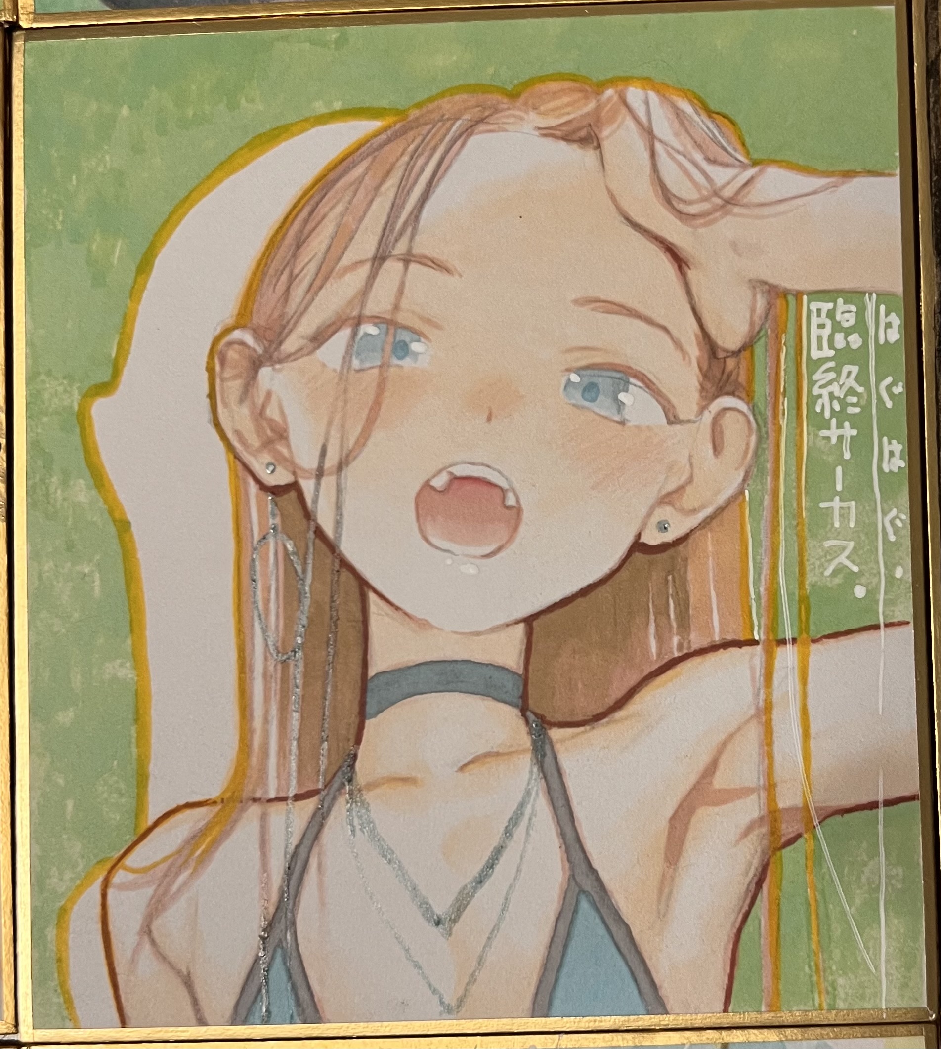 haguhagu (rinjuu circus), sasha (haguhagu), original, highres, photo (medium), traditional media, 1girl, bikini, blonde hair, blue eyes, blush, choker, earrings, flat chest, hand on own head, jewelry, long hair, looking at viewer, necklace, open mouth, shikishi, solo, swimsuit, upper body
