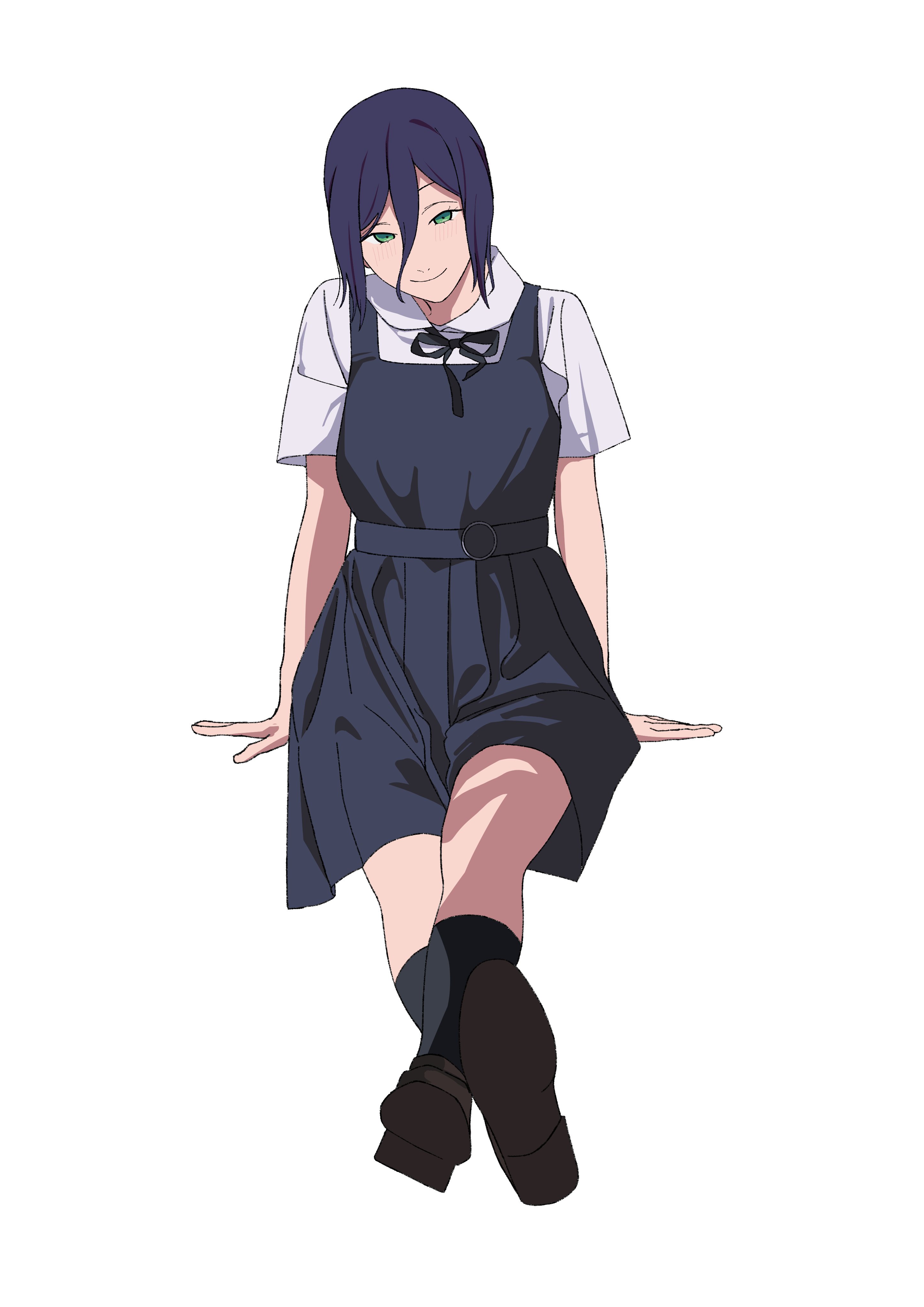 tnr (horiko1525), reze (chainsaw man), chainsaw man, absurdres, commentary, highres, 1girl, black dress, black hair, black ribbon, black socks, closed mouth, collared shirt, dress, full body, green eyes, hair between eyes, invisible chair, loafers, long hair between eyes, looking at viewer, neck ribbon, ribbon, shirt, shirt under dress, shoes, short hair, simple background, sitting, sleeveless, sleeveless dress, socks, solo, white background, white shirt