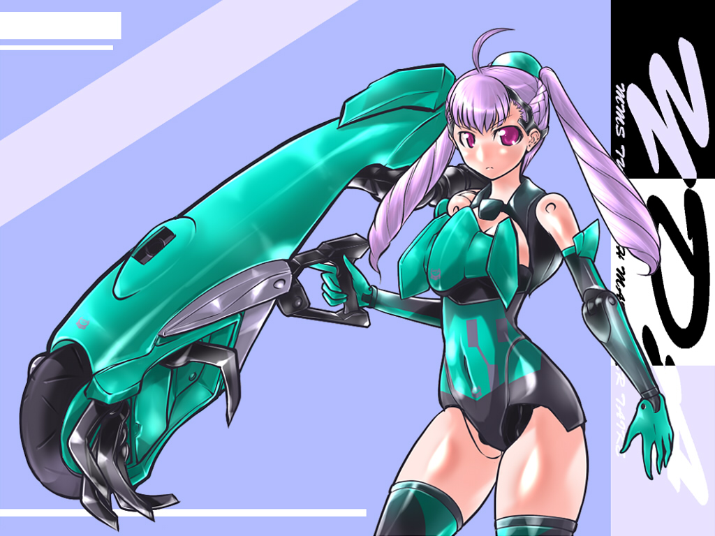 darui hito, yda, busou shinki, 10s, 1girl, doll joints, female focus, joints, mecha musume, purple hair, solo, thighhighs, twintails