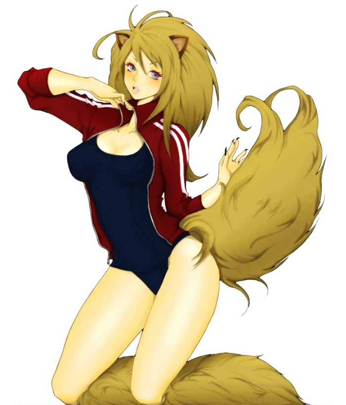 otama (umbilicalcord), fur, ahoge, animal ears, black one-piece swimsuit, blush, brown hair, grey eyes, long hair, no pants, one-piece swimsuit, open clothes, school swimsuit, solo, swimsuit, swimsuit under clothes, tail, track suit