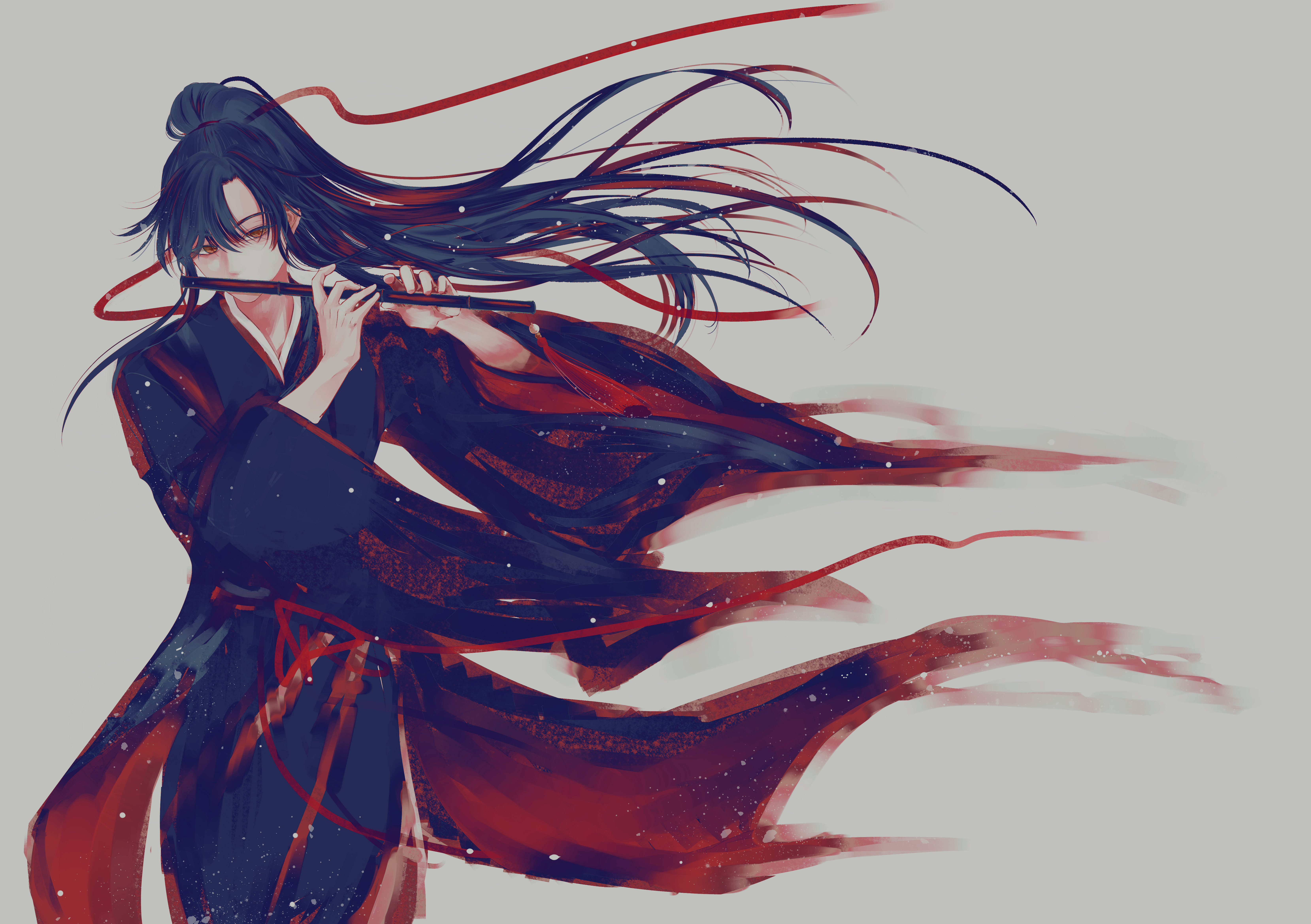 wei wuxian, modao zushi, absurdres, highres, 1boy, black hair, black hanfu, chenqing flute, chinese clothes, cowboy shot, dizi, floating clothes, floating hair, flute, grey background, hair ribbon, hanfu, holding, holding flute, holding instrument, instrument, light particles, limited palette, long hair, long sleeves, looking at viewer, male focus, music, playing flute, playing instrument, ponytail, red eyes, red ribbon, red sash, ribbon, robe, sakura1025-tw, sash, sidelocks, simple background, solo, standing, transverse flute, wide sleeves, wind