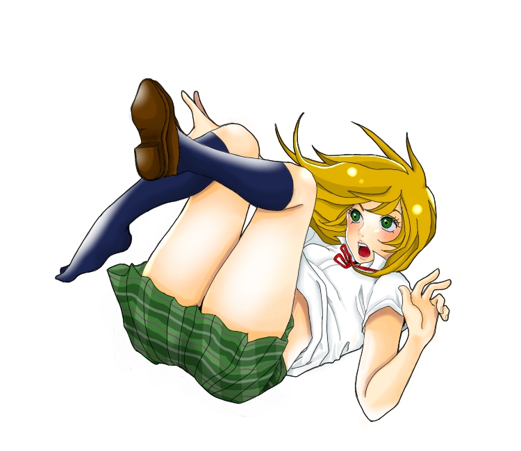 otama (umbilicalcord), blonde hair, blush, falling, green eyes, shoes, single shoe, skirt, socks, solo